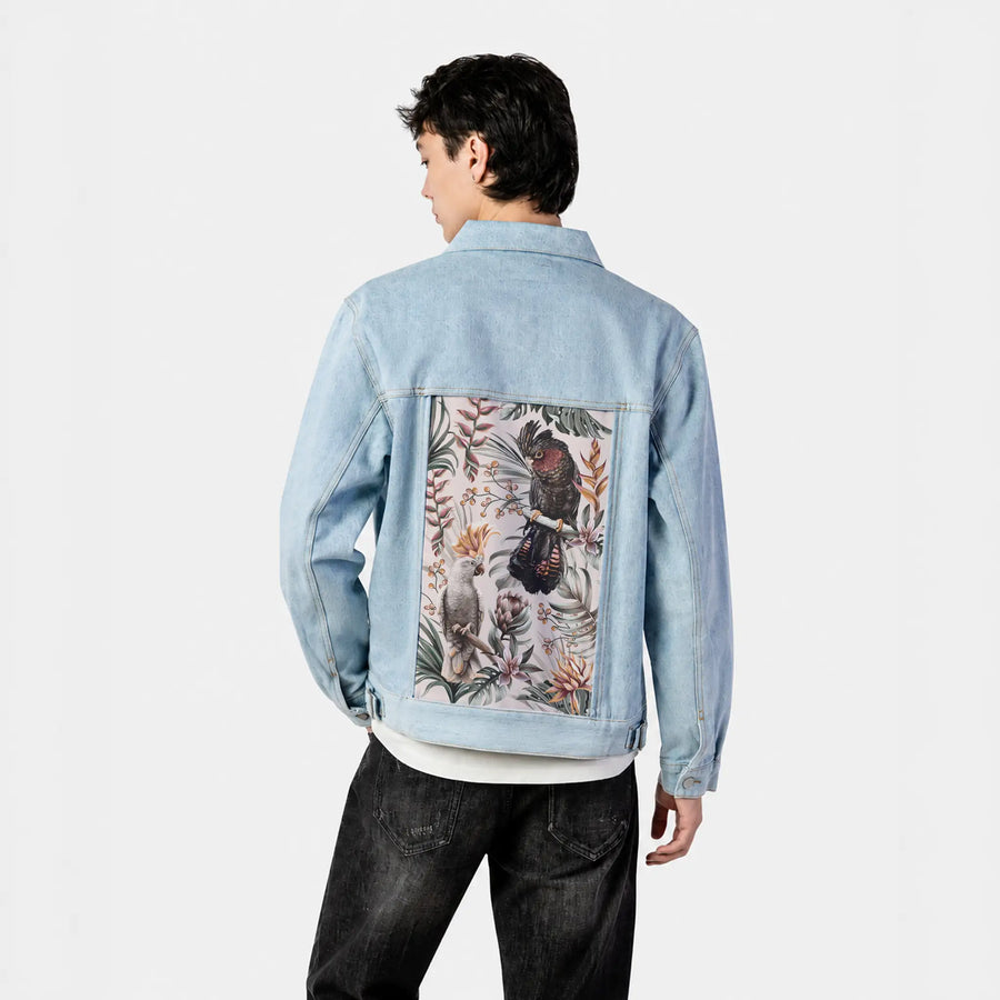 parrotsparadiselight patch on male og denim jacket in oceanside