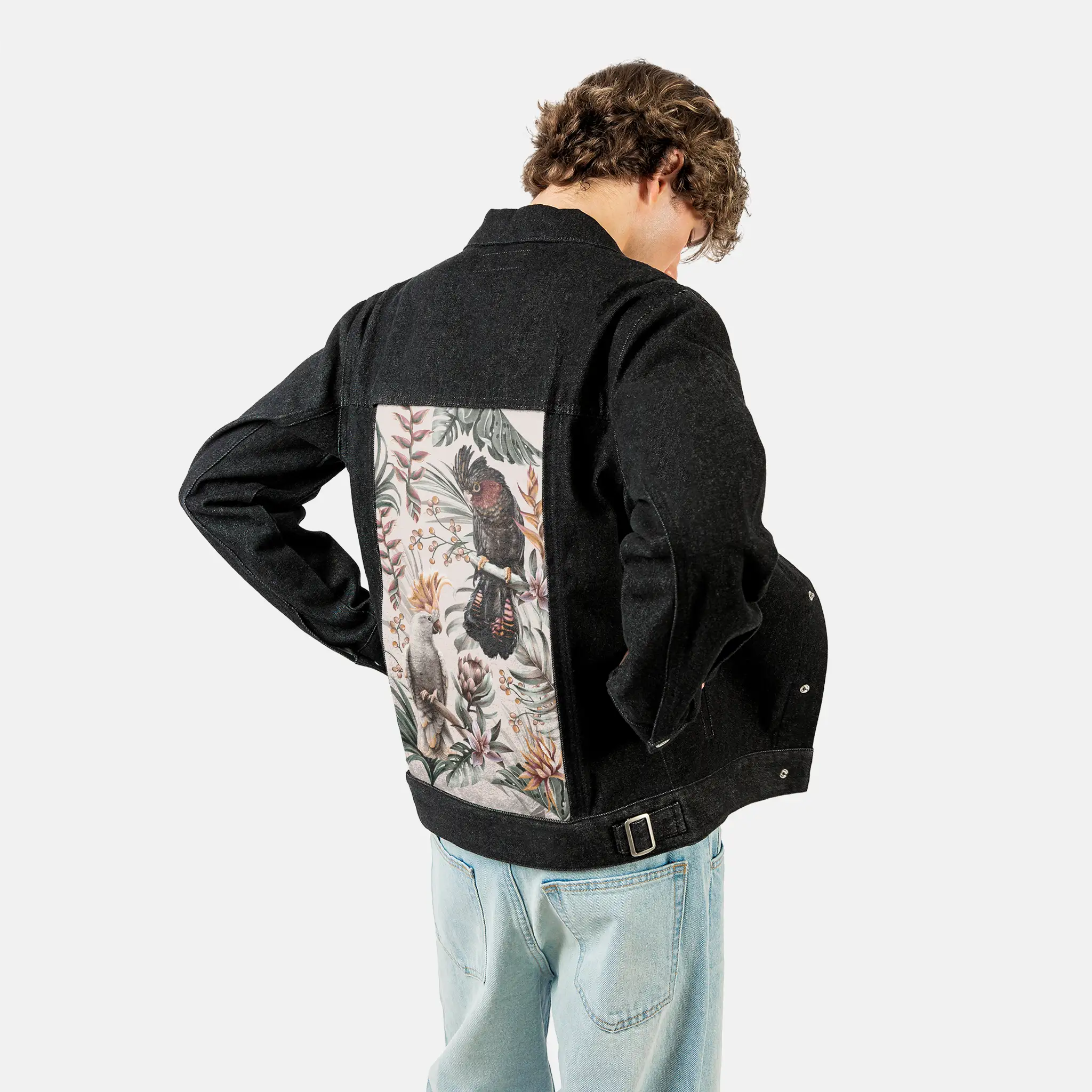 parrotsparadiselight patch on male og denim jacket in raven