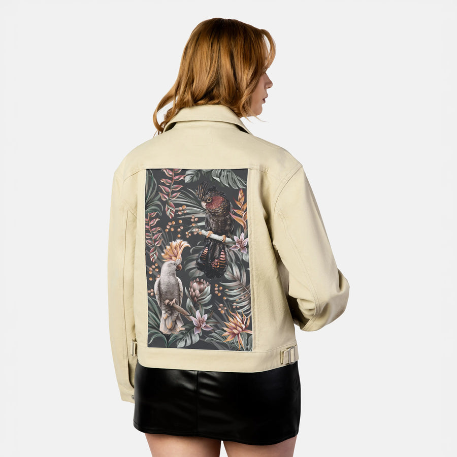 parrotsparadisenight patch on female atelier canvas jacket in tan