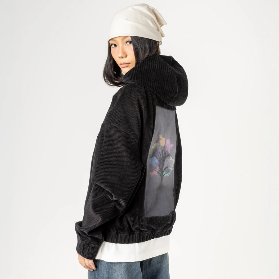 pastelcloudsoftreefantasy patch on female retro cord hoodie in onyx