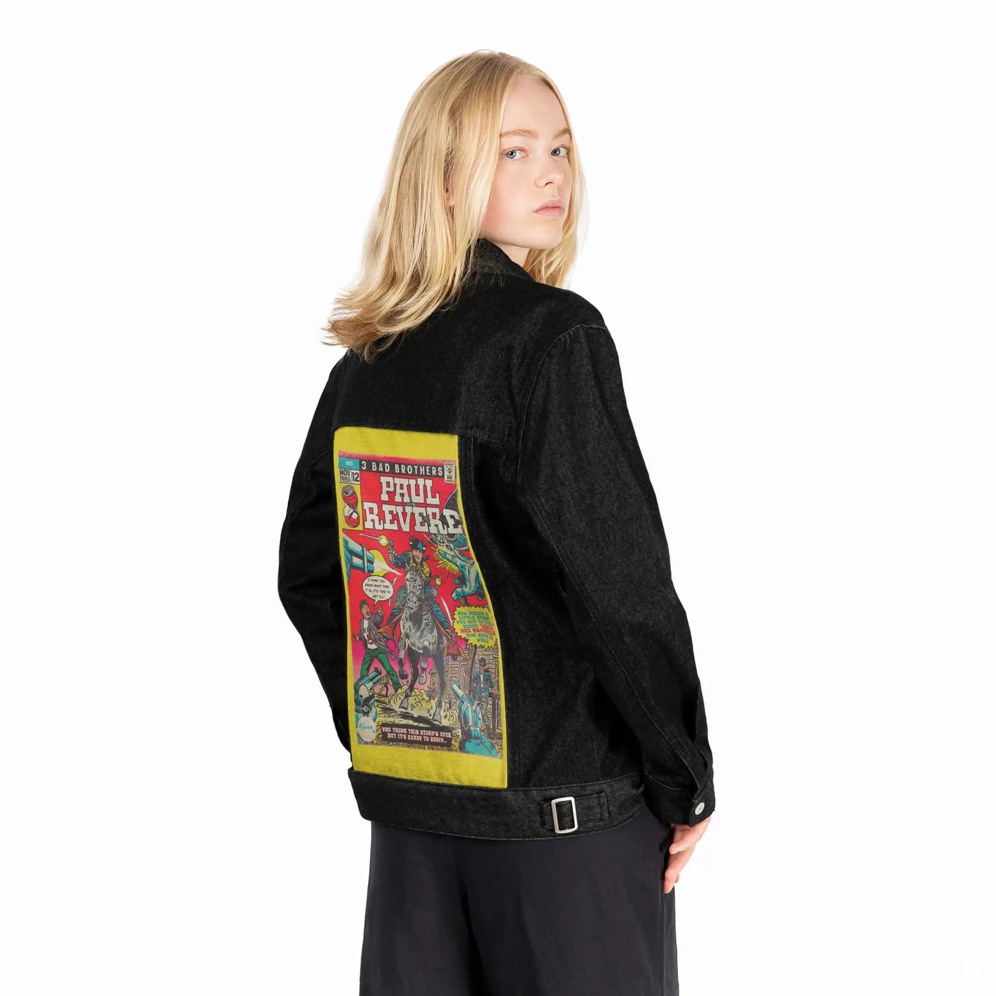 paulrevere patch on female og denim jacket in raven