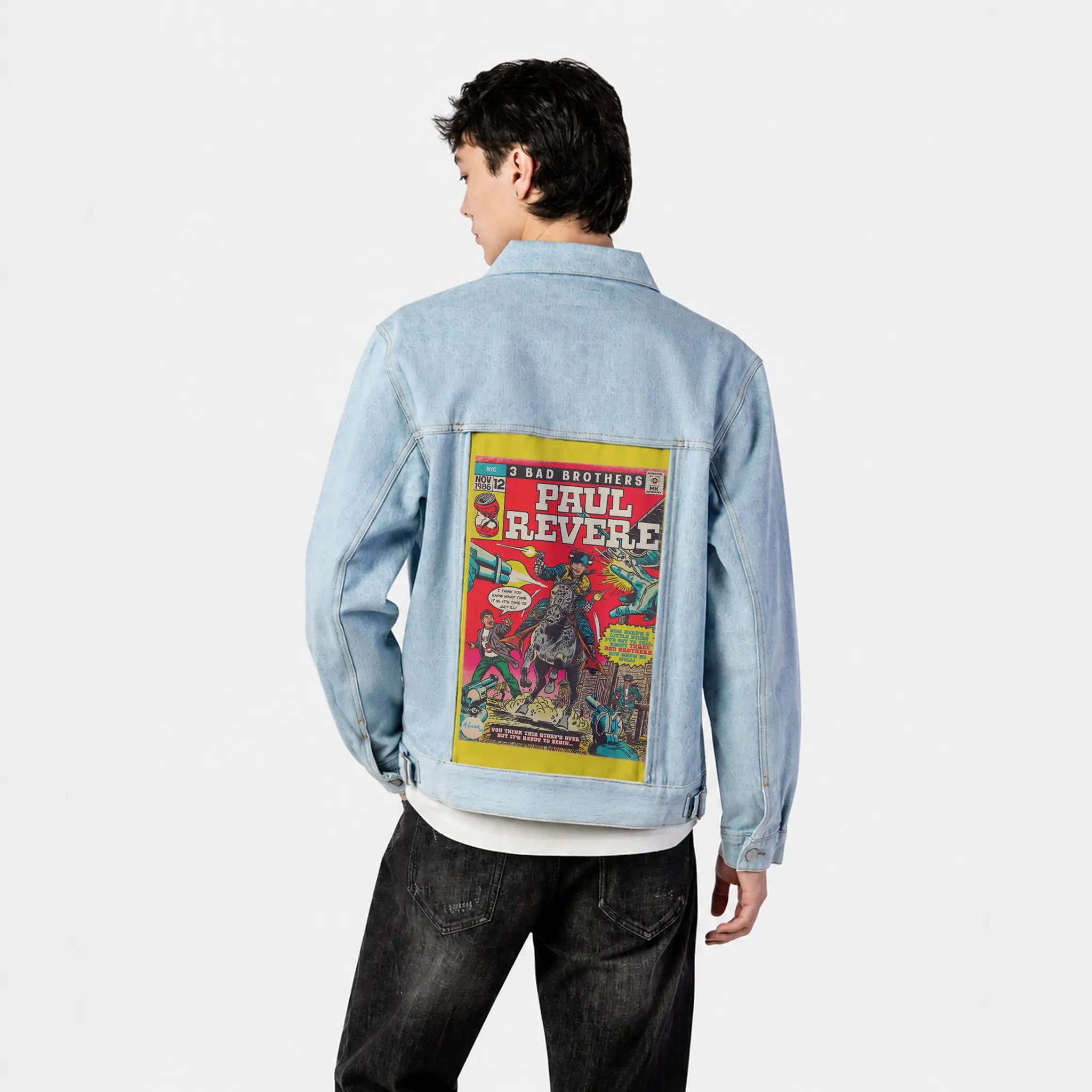 paulrevere patch on male og denim jacket in oceanside