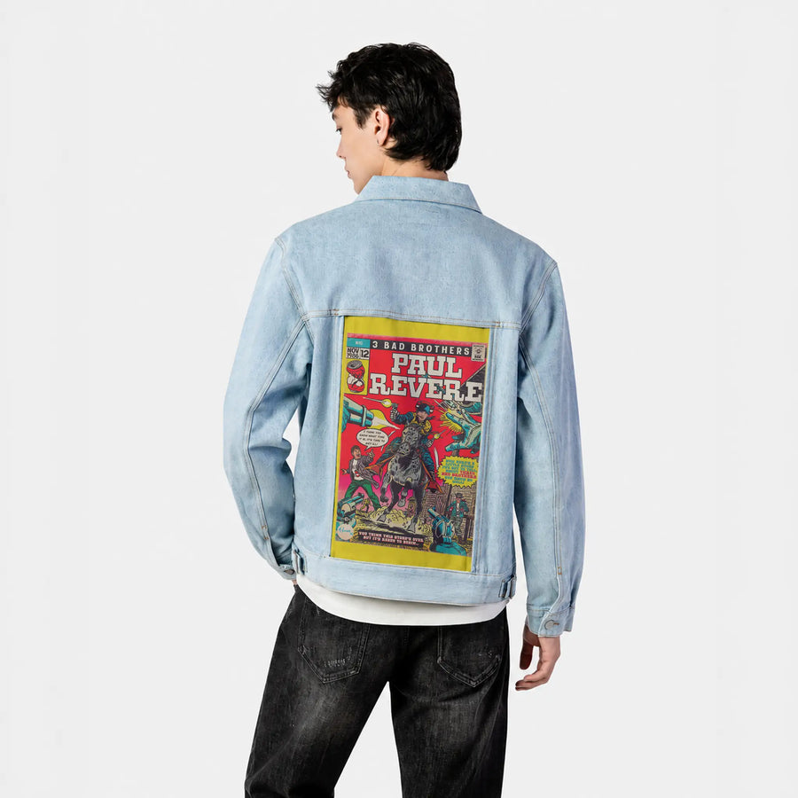 paulrevere patch on male og denim jacket in oceanside