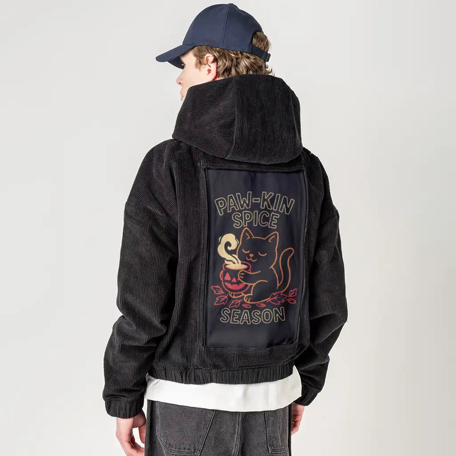 pawkinspice patch on male retro cord hoodie in onyx