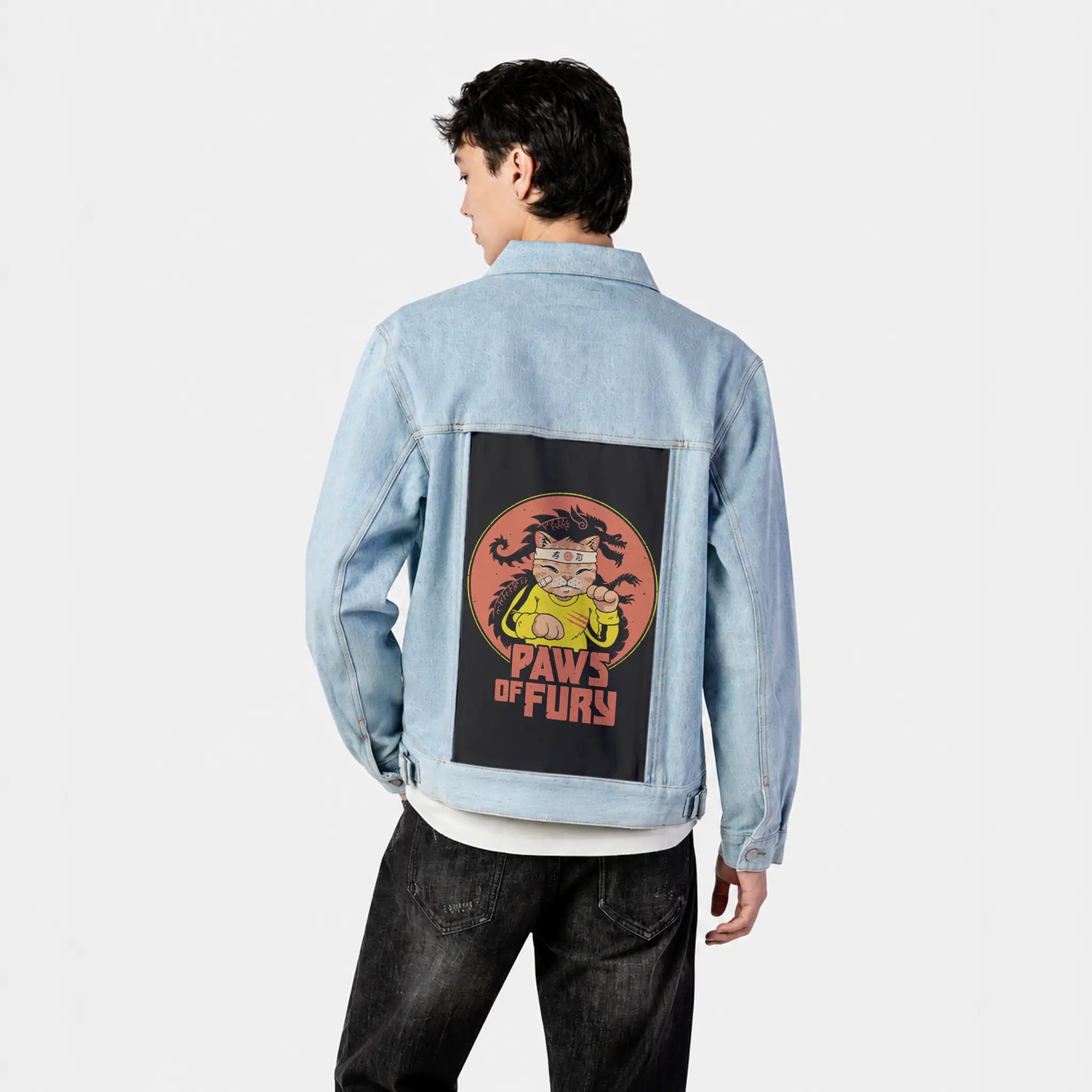 pawsoffury patch on male og denim jacket in oceanside