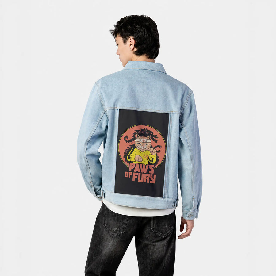 pawsoffury patch on male og denim jacket in oceanside