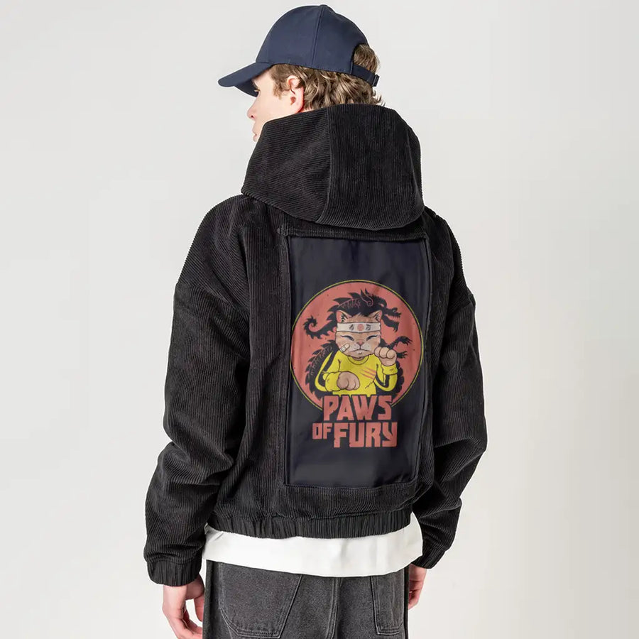 pawsoffury patch on male retro cord hoodie in onyx