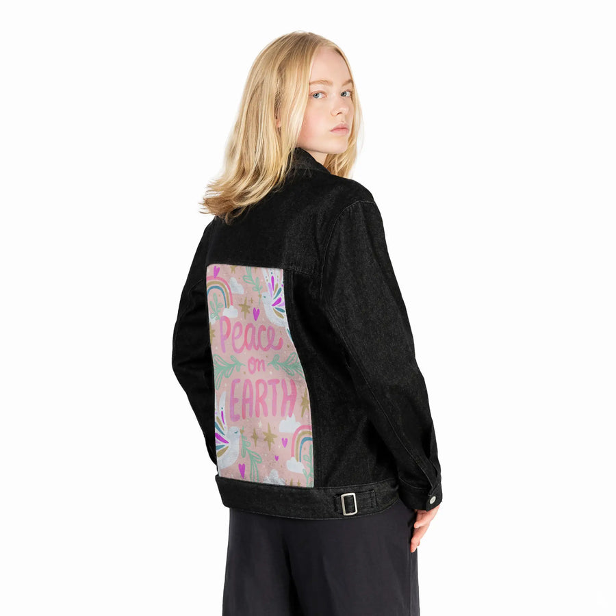 peaceonearth patch on female og denim jacket in raven