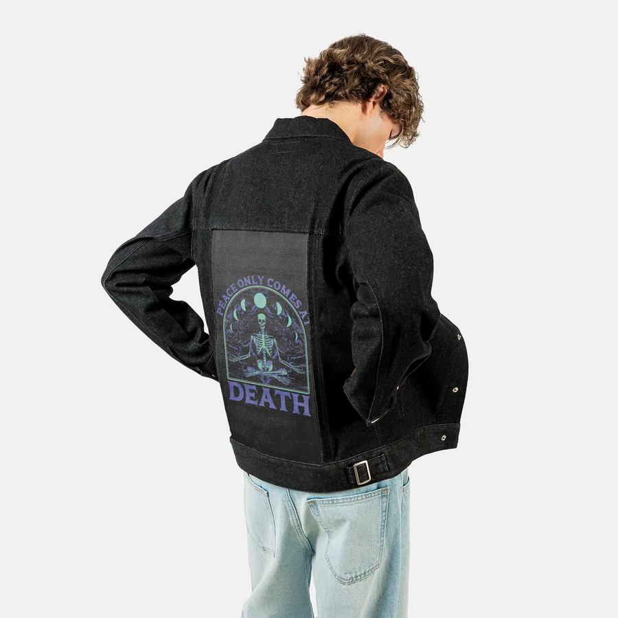 peaceonlyatdeath patch on male og denim jacket in raven