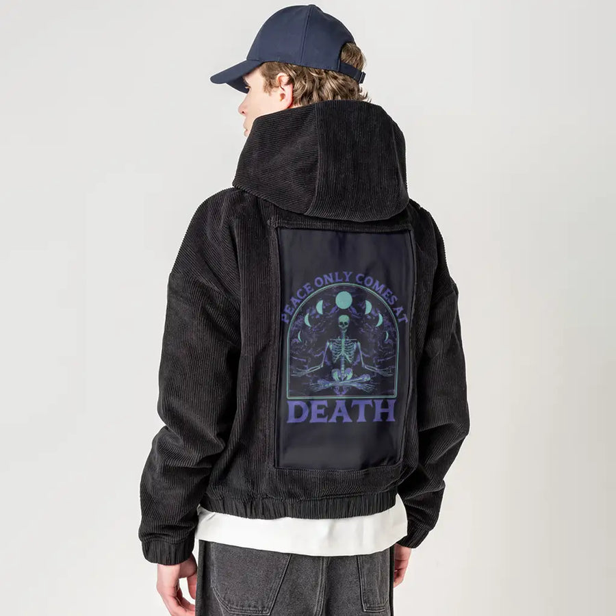 peaceonlyatdeath patch on male retro cord hoodie in onyx