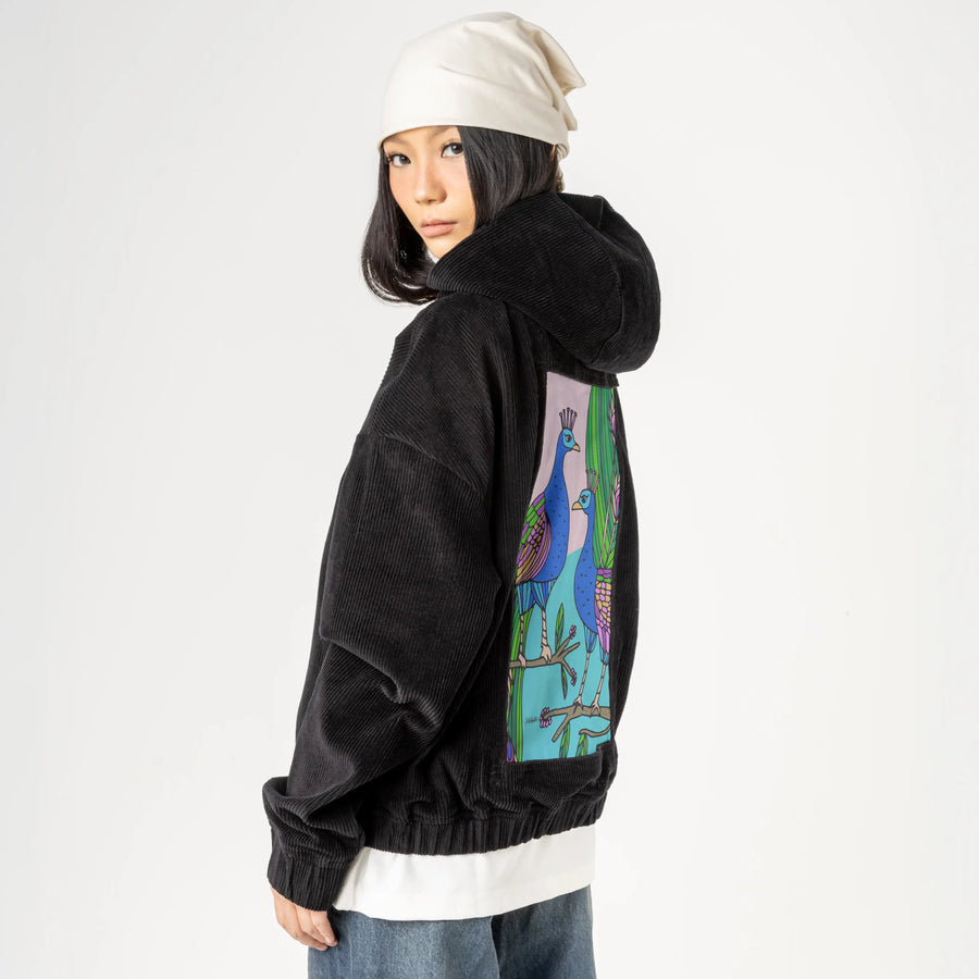 peacocks patch on female retro cord hoodie in onyx