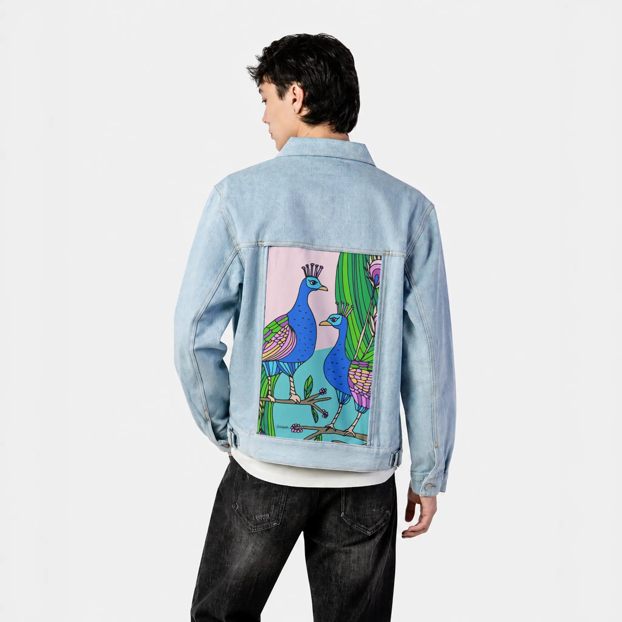 peacocks patch on male og denim jacket in oceanside
