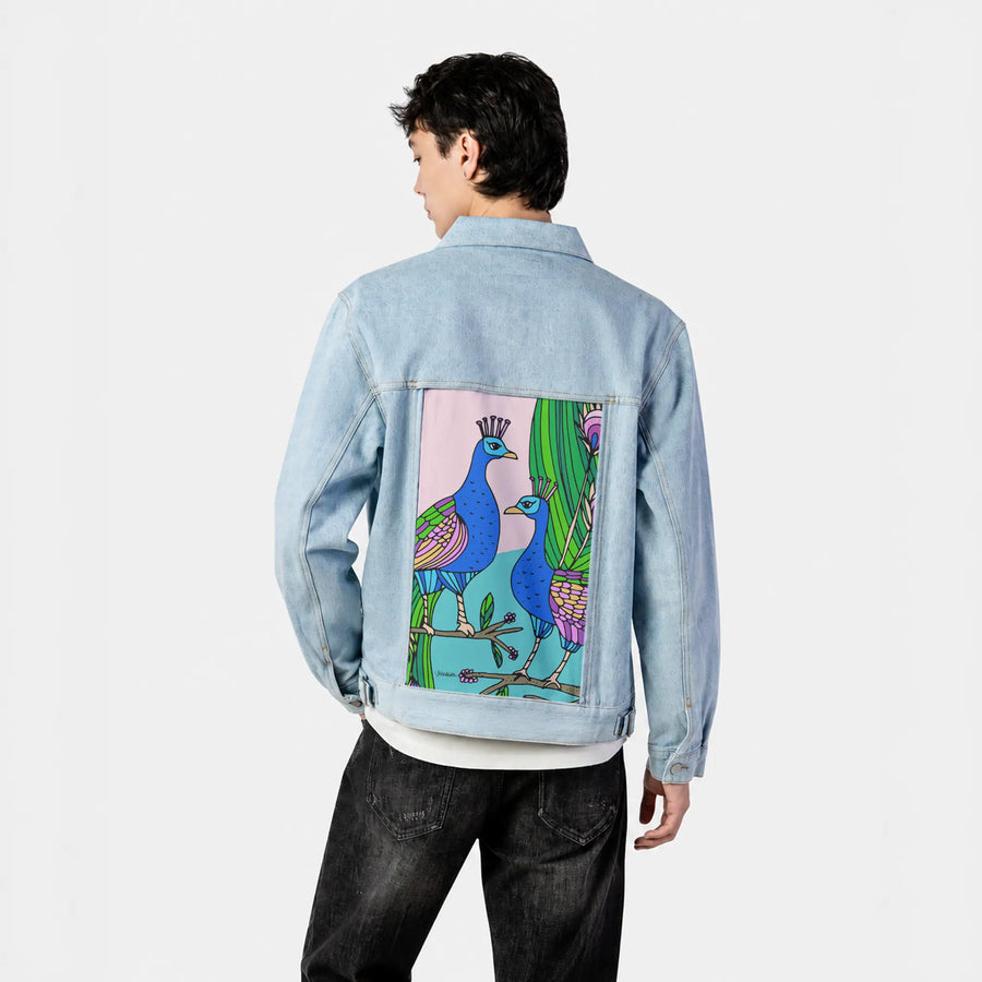 peacocks patch on male og denim jacket in oceanside