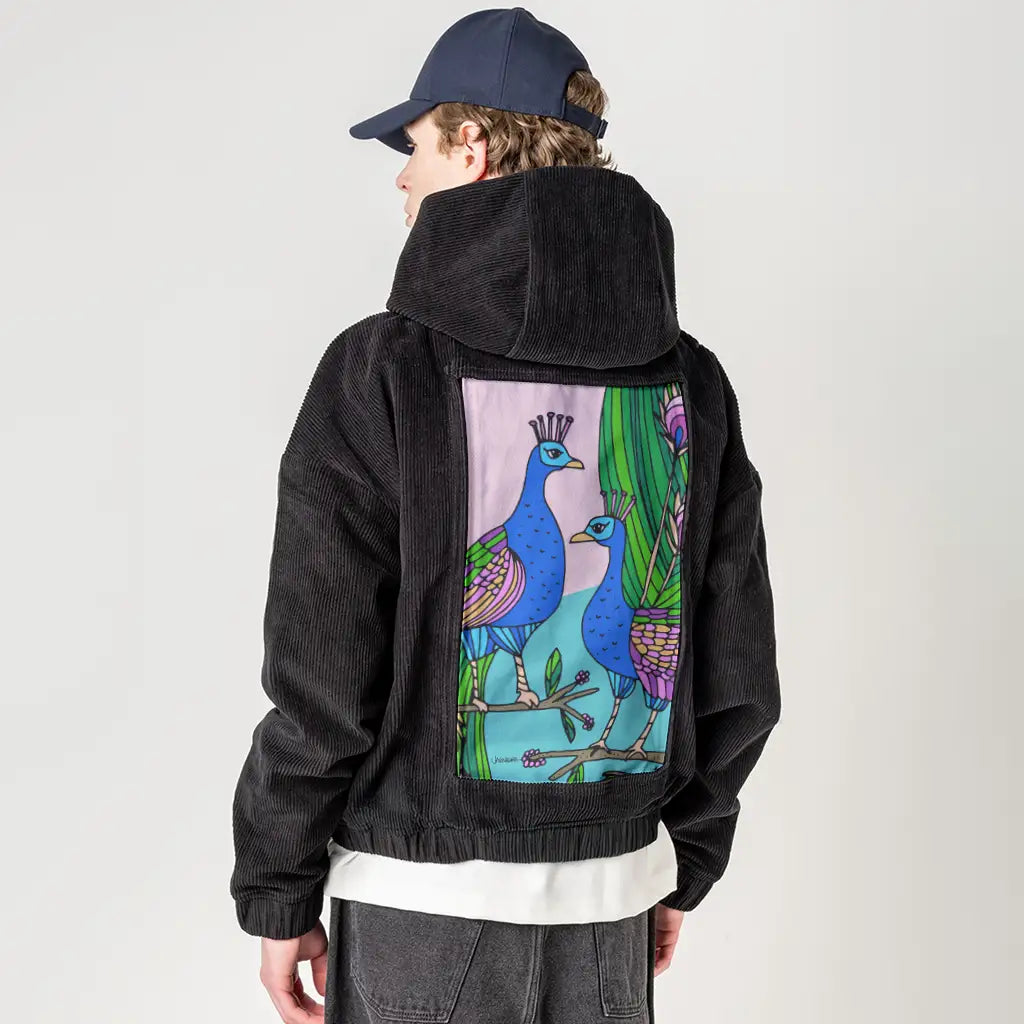 peacocks patch on male retro cord hoodie in onyx