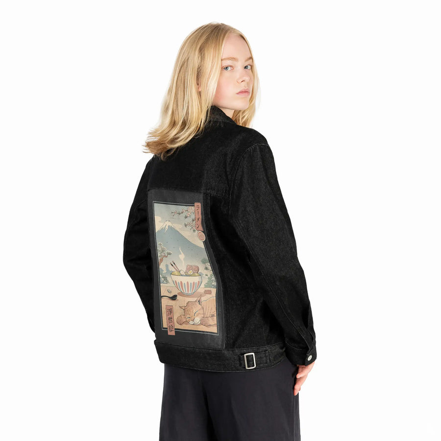 perfectramenweather patch on female og denim jacket in raven