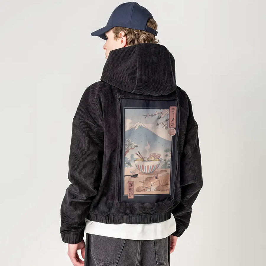perfectramenweather patch on male retro cord hoodie in onyx