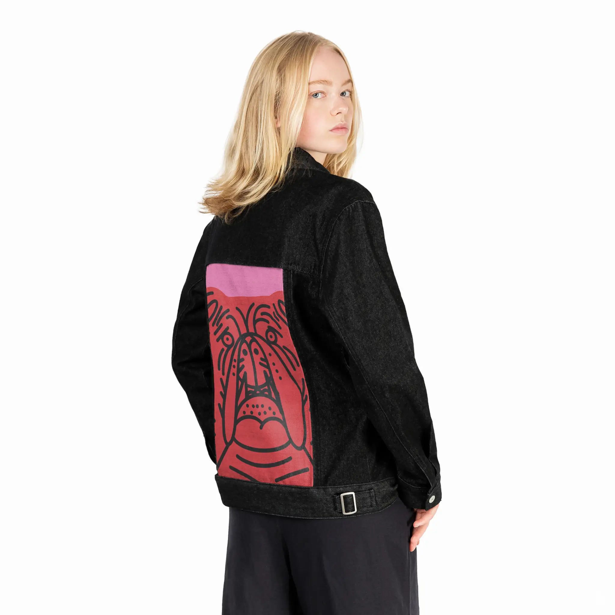 perrorojo patch on female og denim jacket in raven