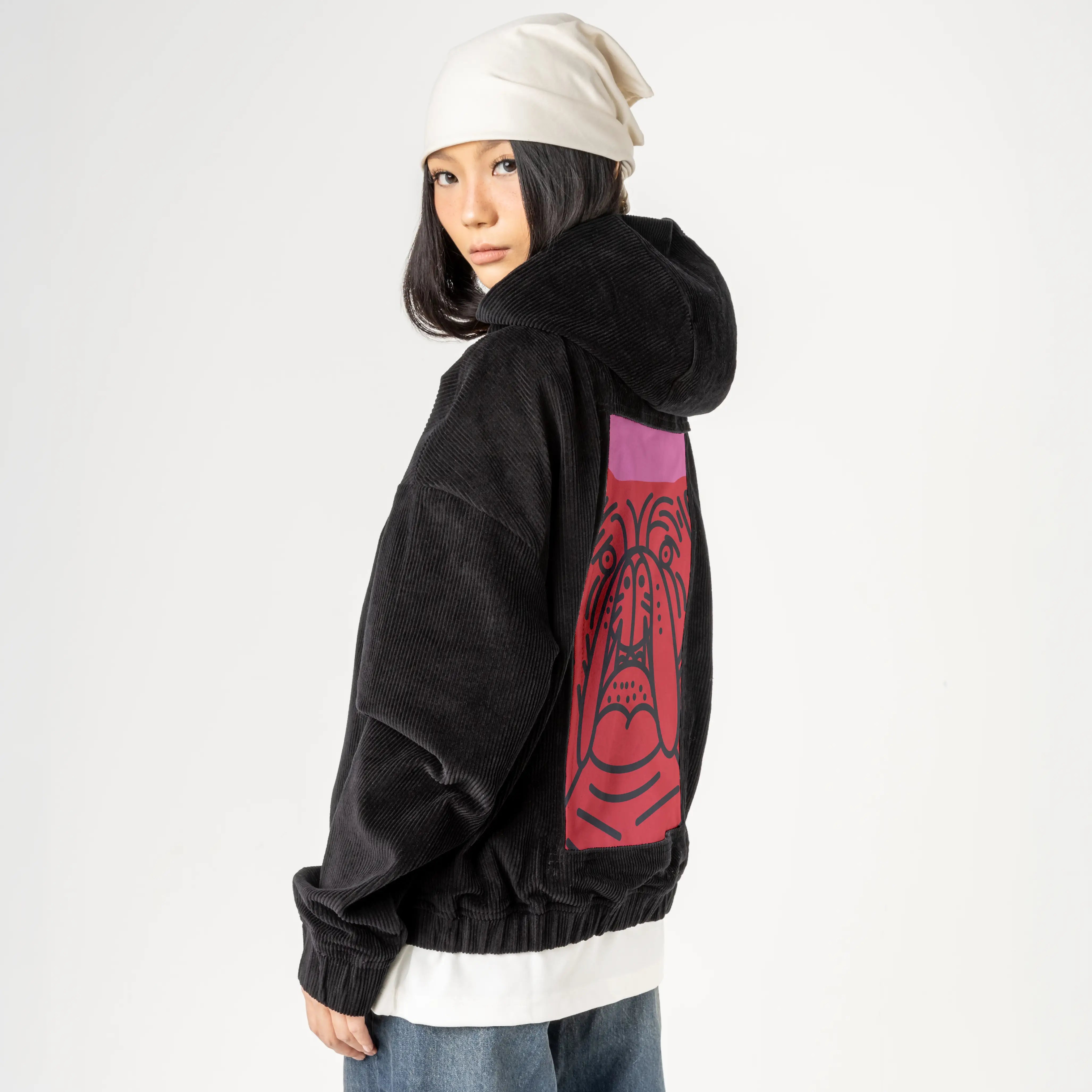 perrorojo patch on female retro cord hoodie in onyx