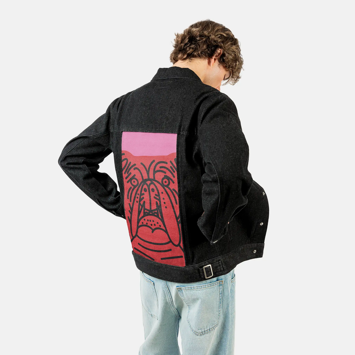perrorojo patch on male og denim jacket in raven