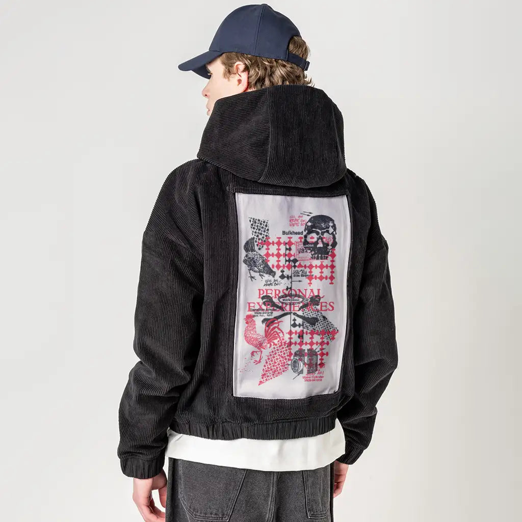personal patch on male retro cord hoodie in onyx