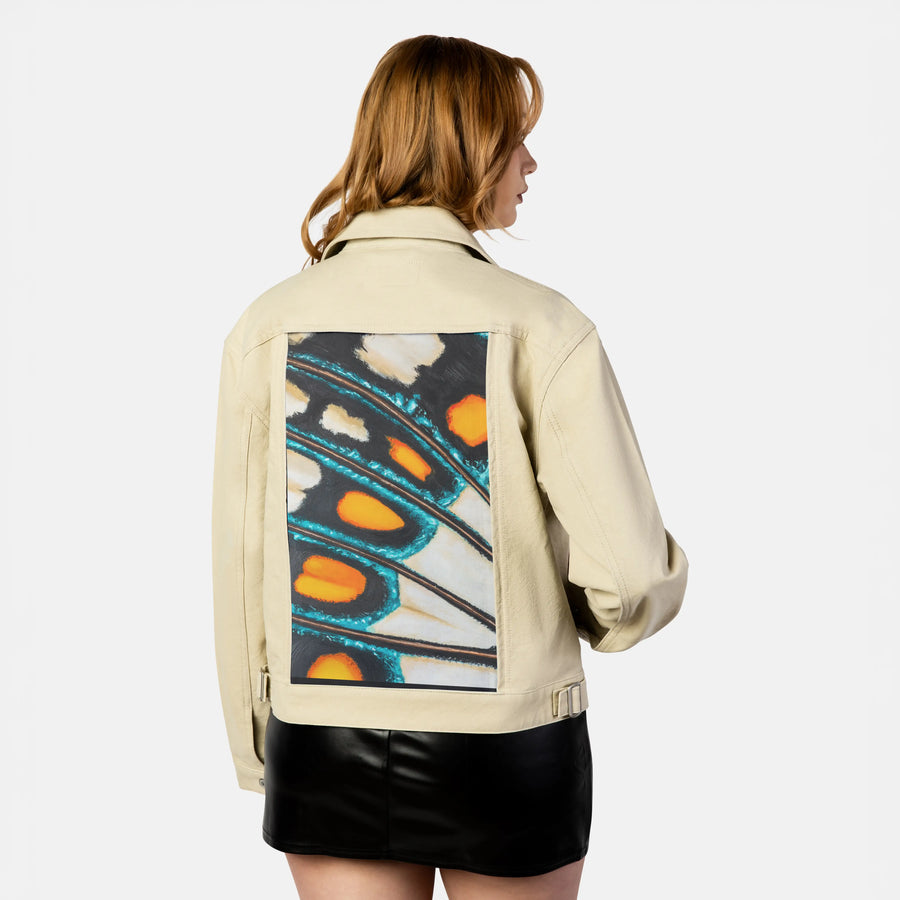 petallation patch on female atelier canvas jacket in tan