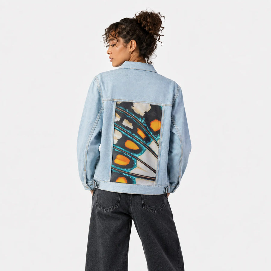 petallation patch on female og denim jacket in oceanside