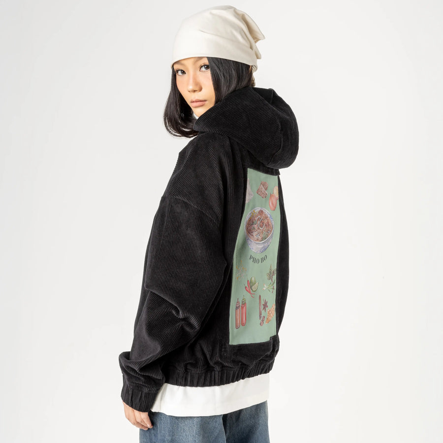 pho patch on female retro cord hoodie in onyx