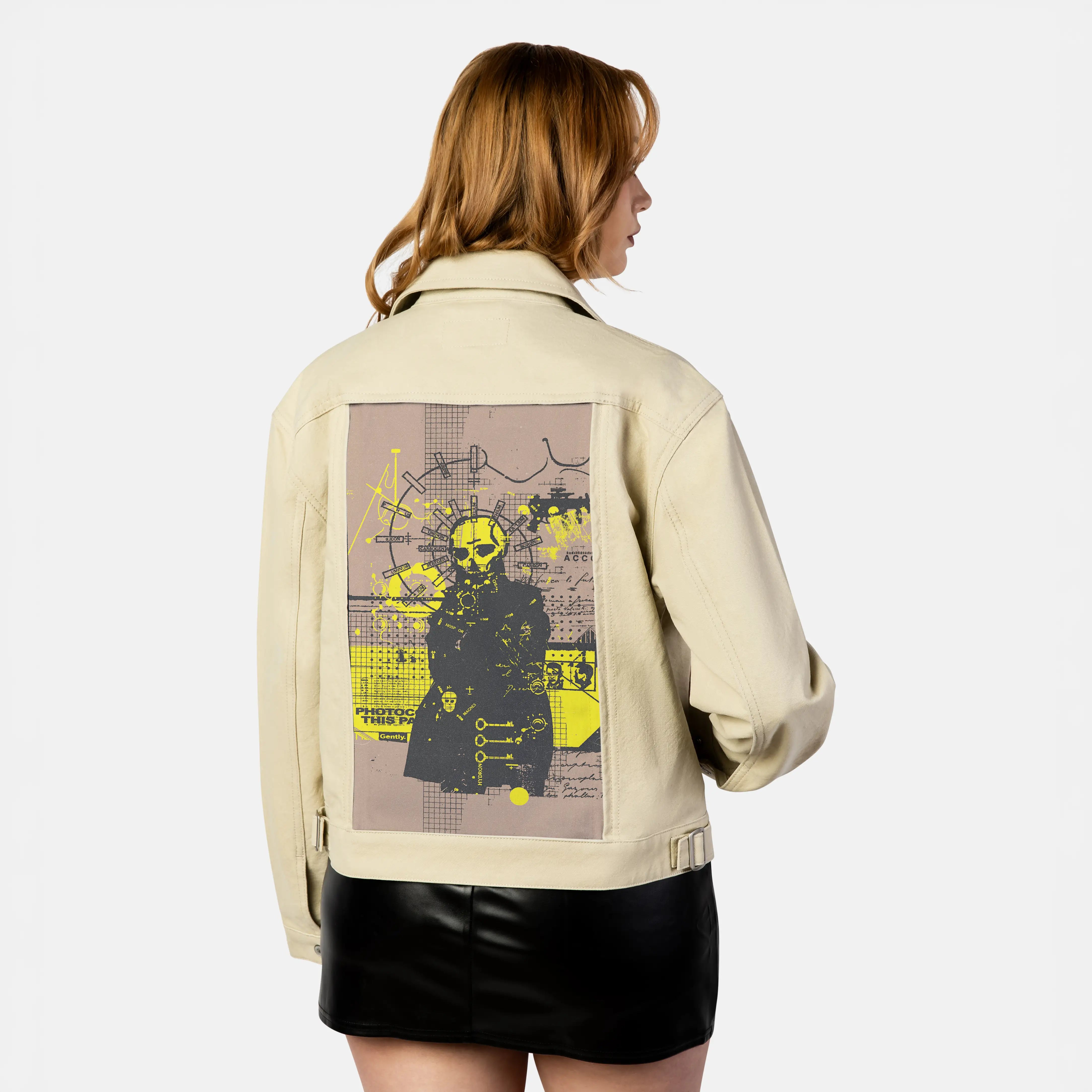 photocopy patch on female atelier canvas jacket in tan