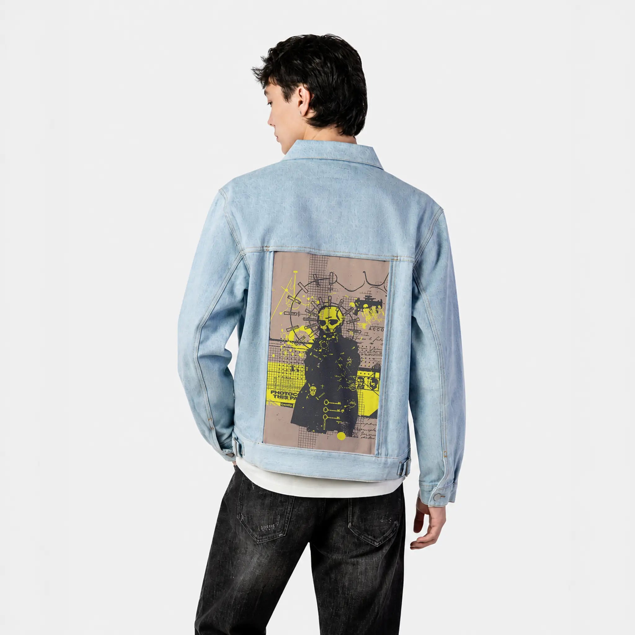 photocopy patch on male og denim jacket in oceanside