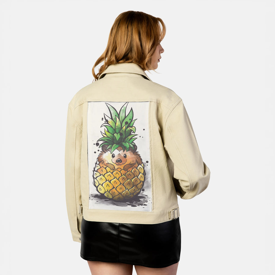 pineapplehedgehog patch on female atelier canvas jacket in tan