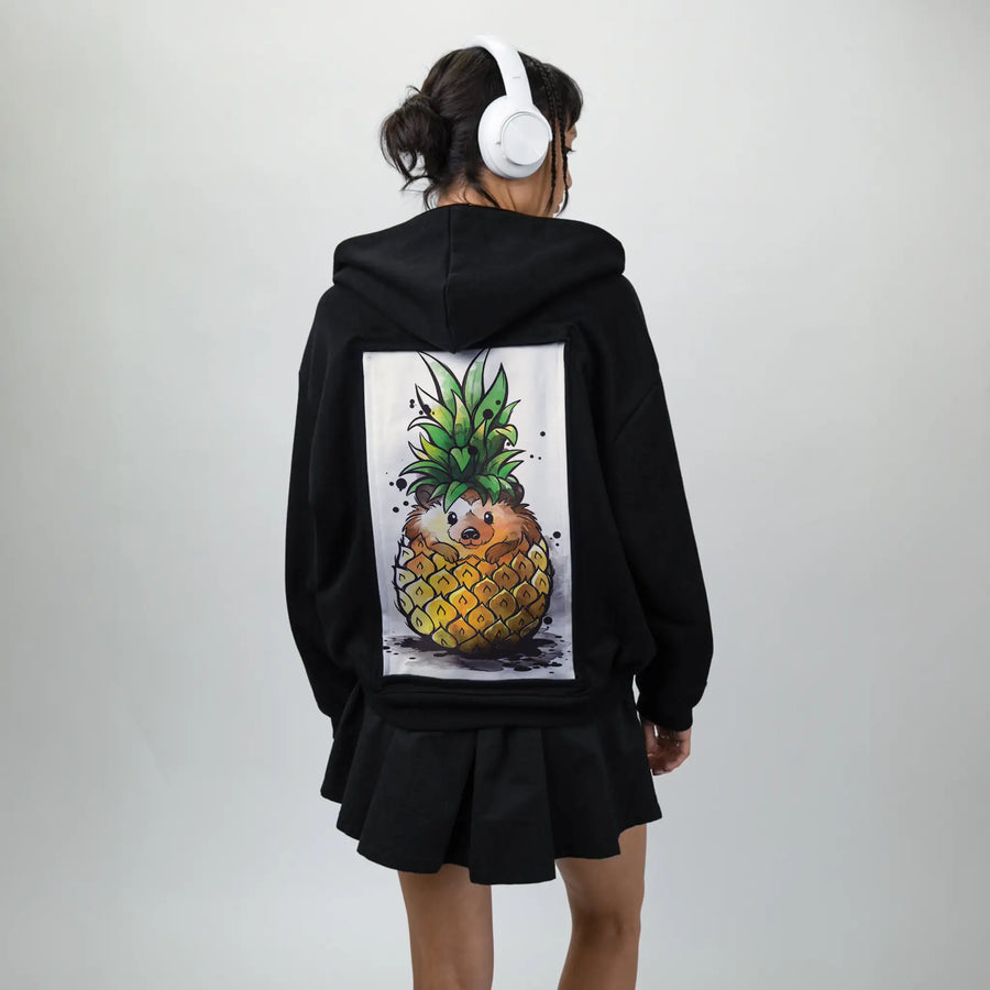 pineapplehedgehog patch on female essential zip hoodie in after hours