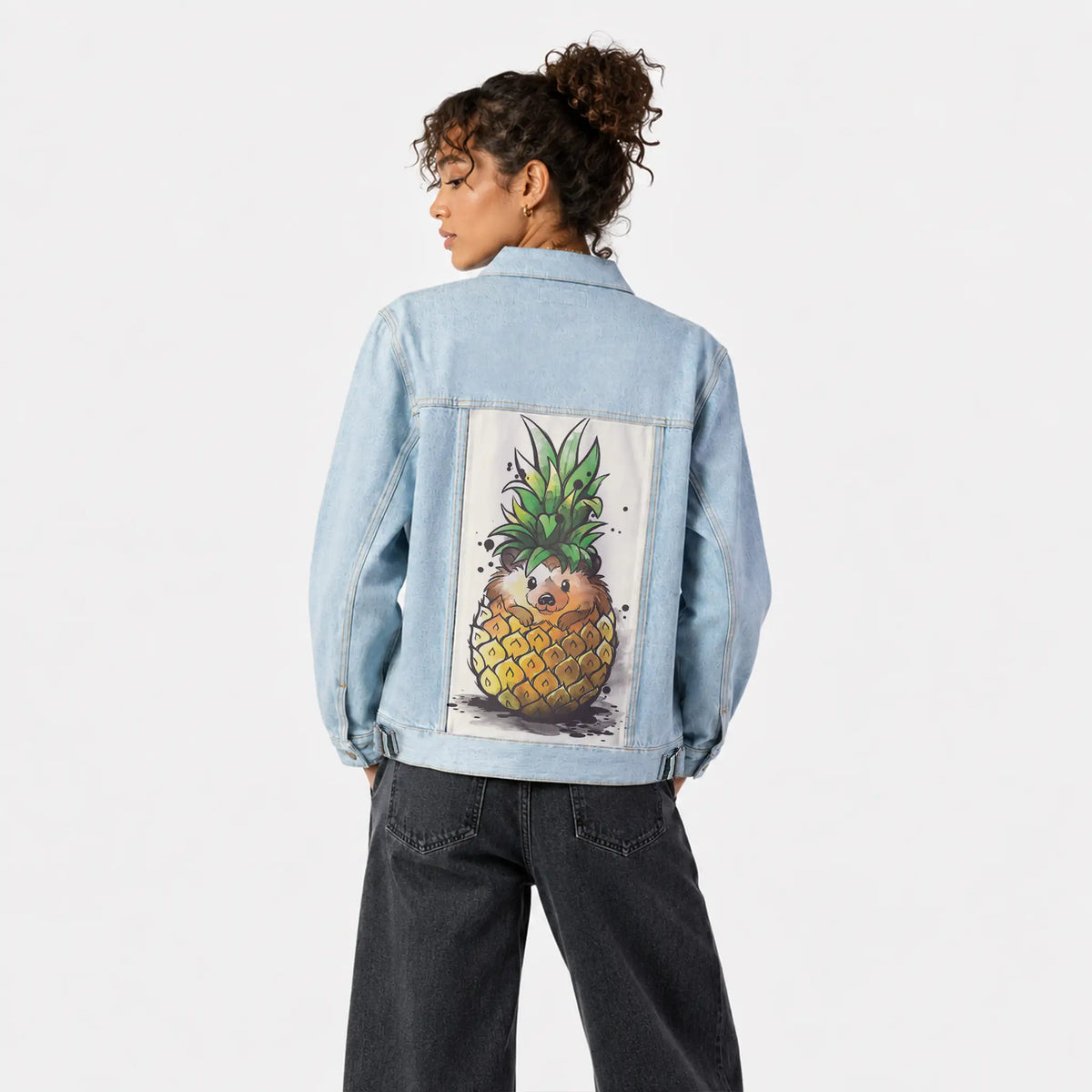 pineapplehedgehog patch on female og denim jacket in oceanside