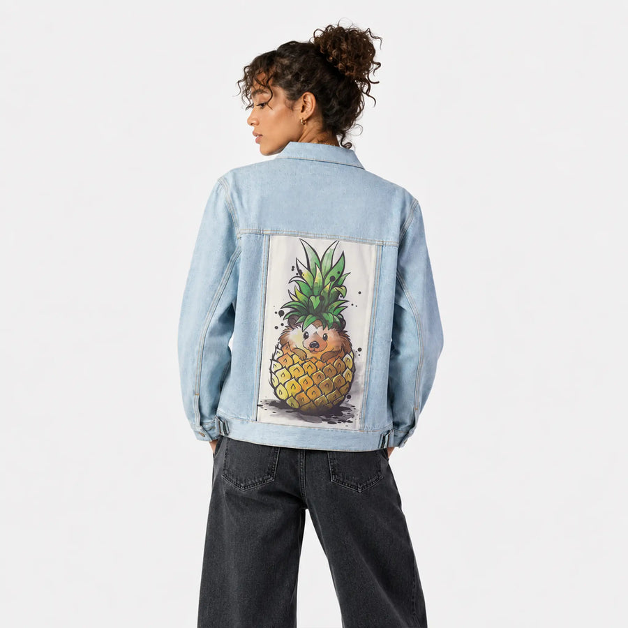 pineapplehedgehog patch on female og denim jacket in oceanside