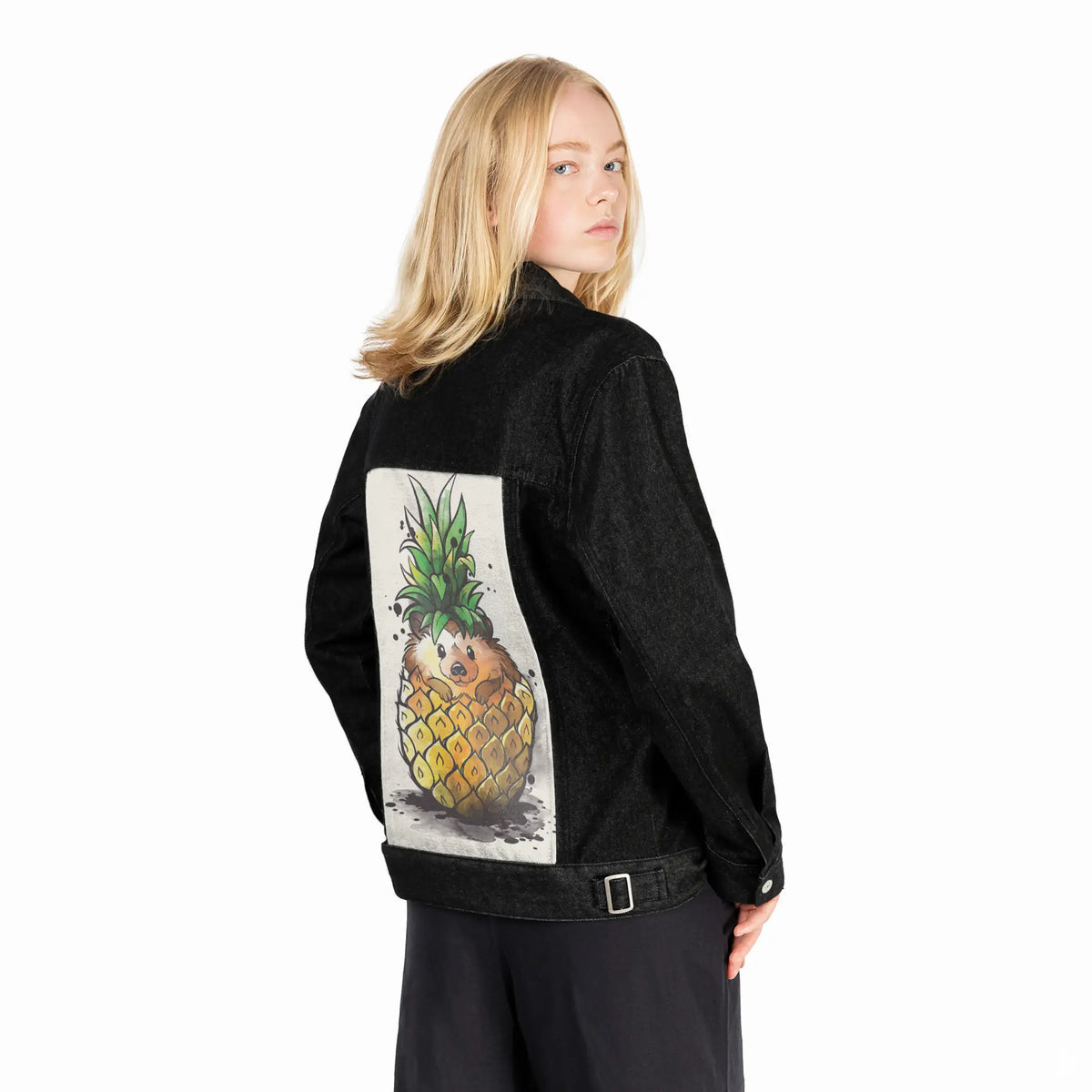 pineapplehedgehog patch on female og denim jacket in raven