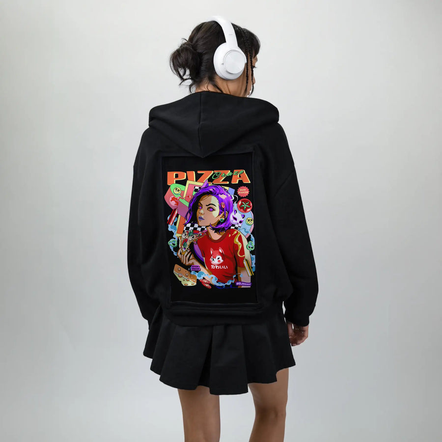 pizzacraze patch on female essential zip hoodie in after hours