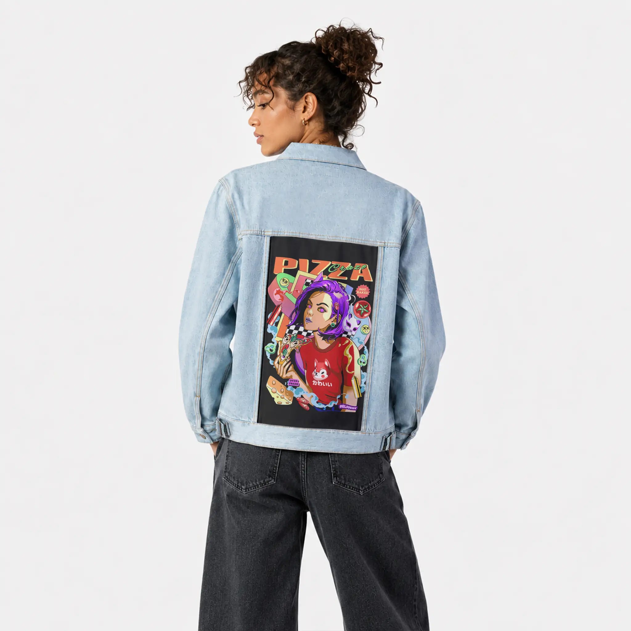 pizzacraze patch on female og denim jacket in oceanside