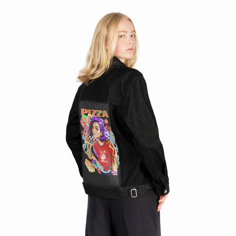pizzacraze patch on female og denim jacket in raven