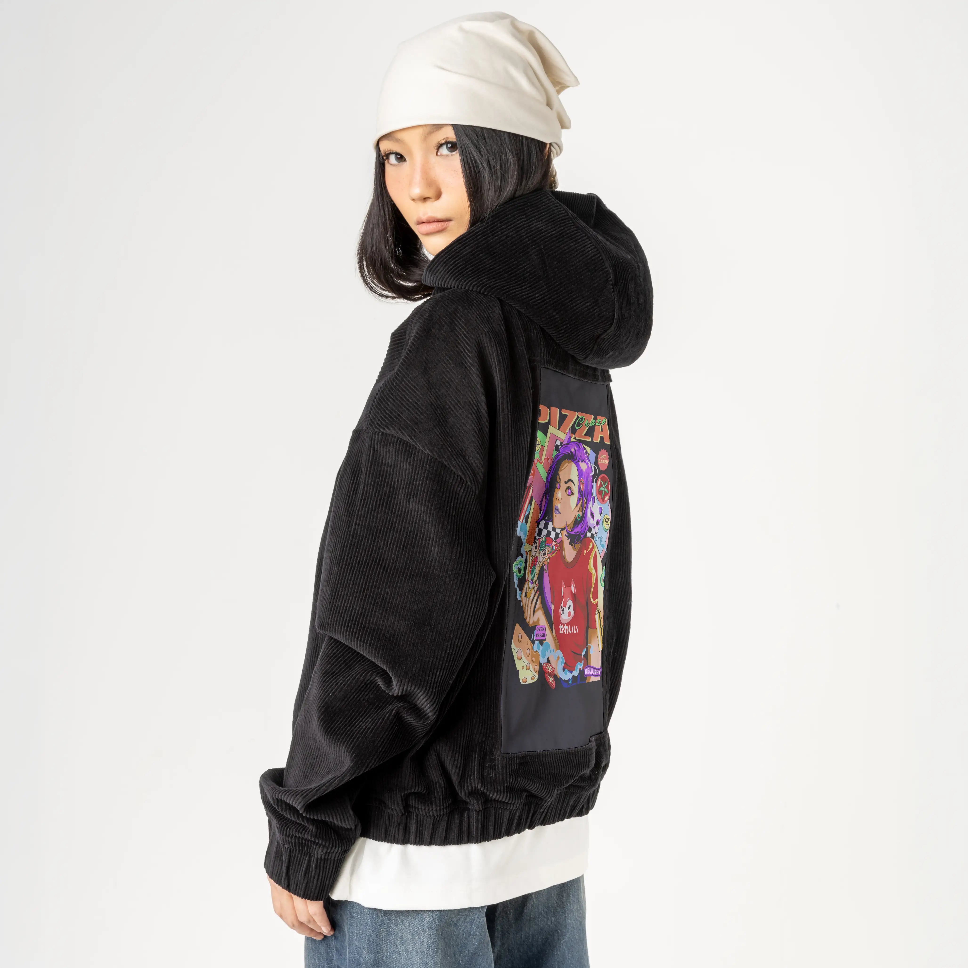 pizzacraze patch on female retro cord hoodie in onyx