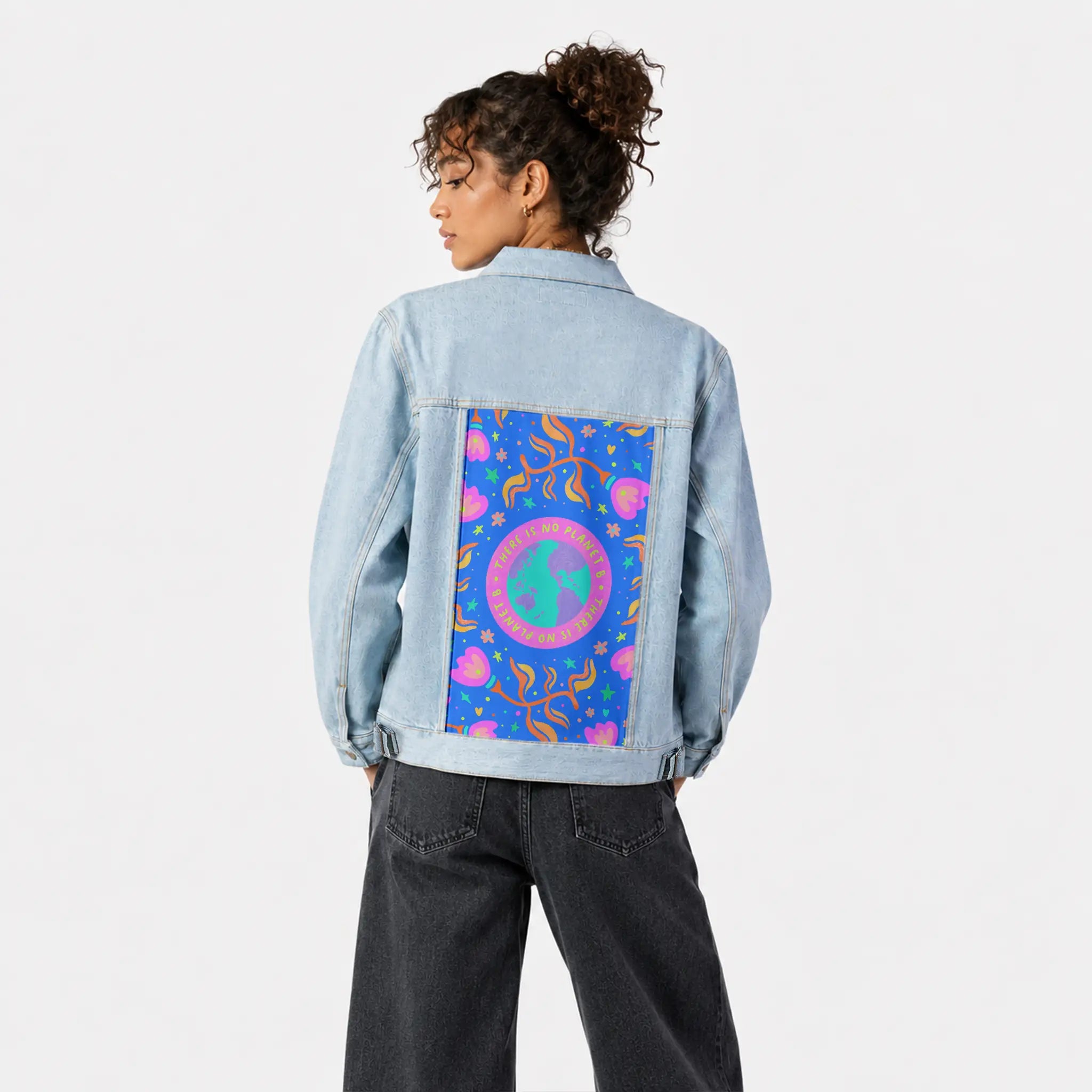 planetb patch on female og denim jacket in oceanside