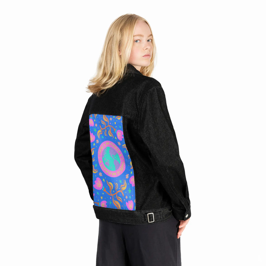 planetb patch on female og denim jacket in raven
