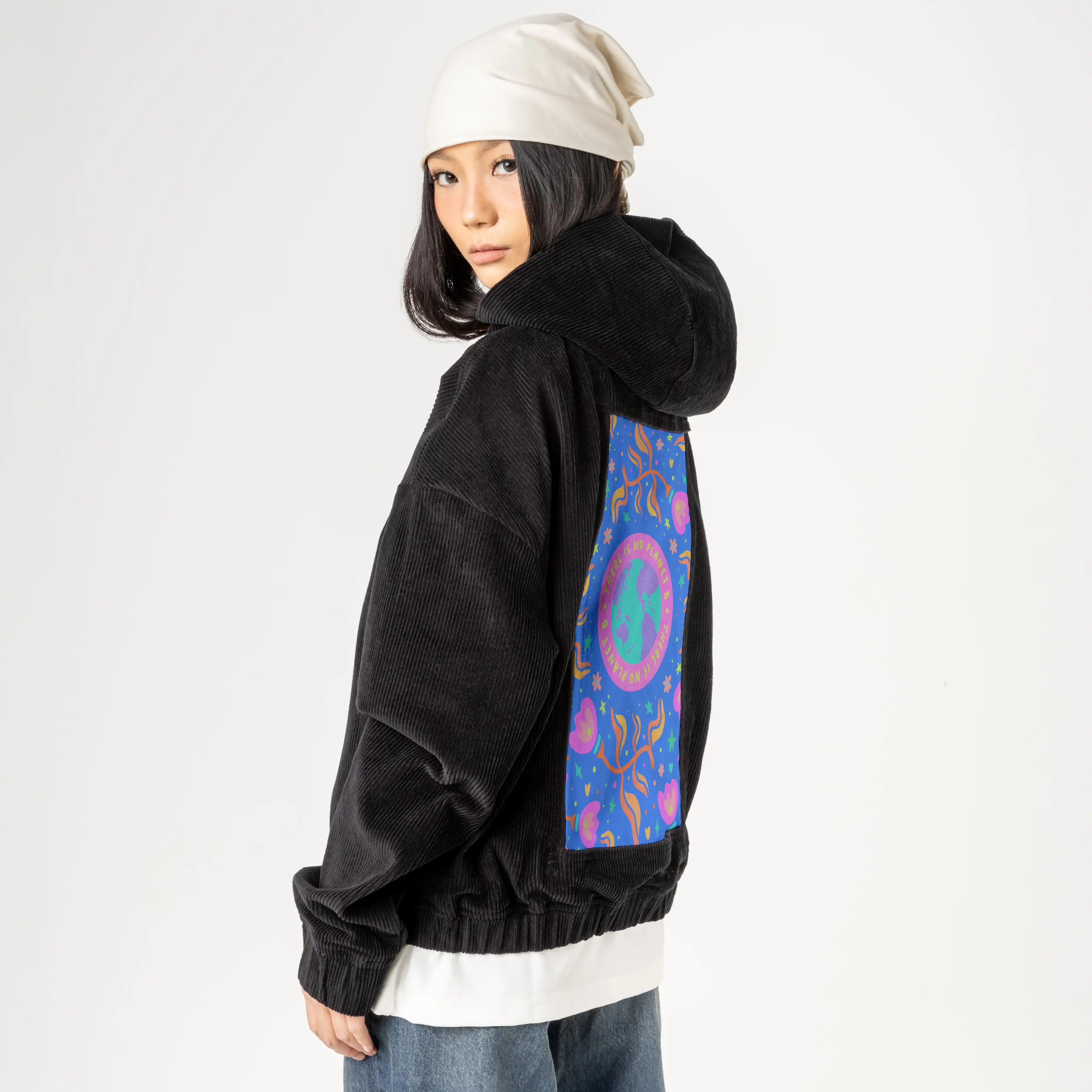 planetb patch on female retro cord hoodie in onyx