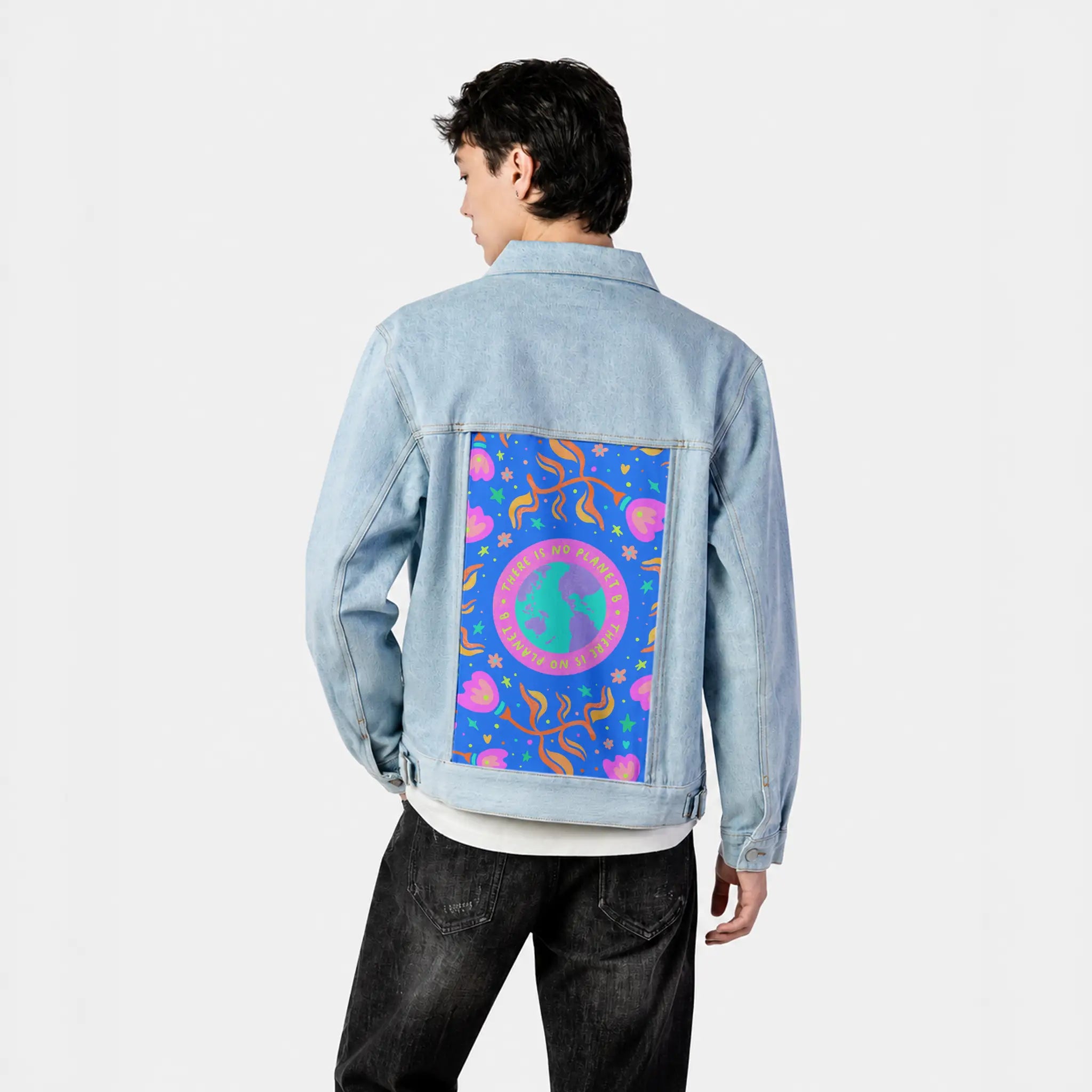 planetb patch on male og denim jacket in oceanside