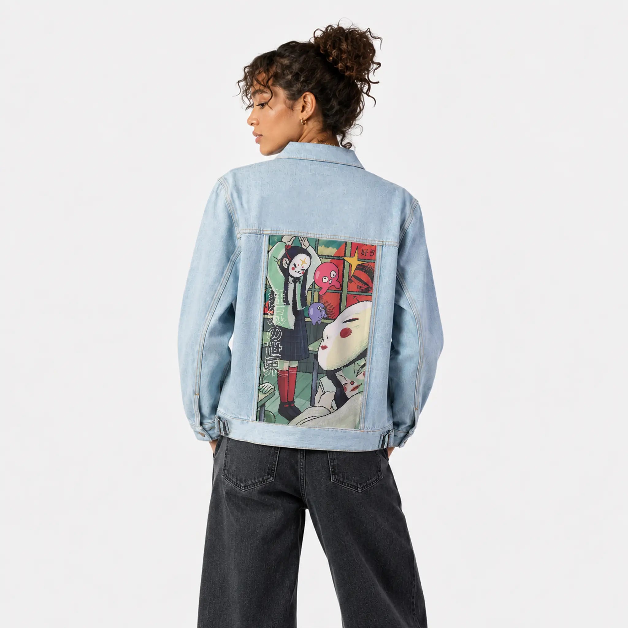 playtime patch on female og denim jacket in oceanside