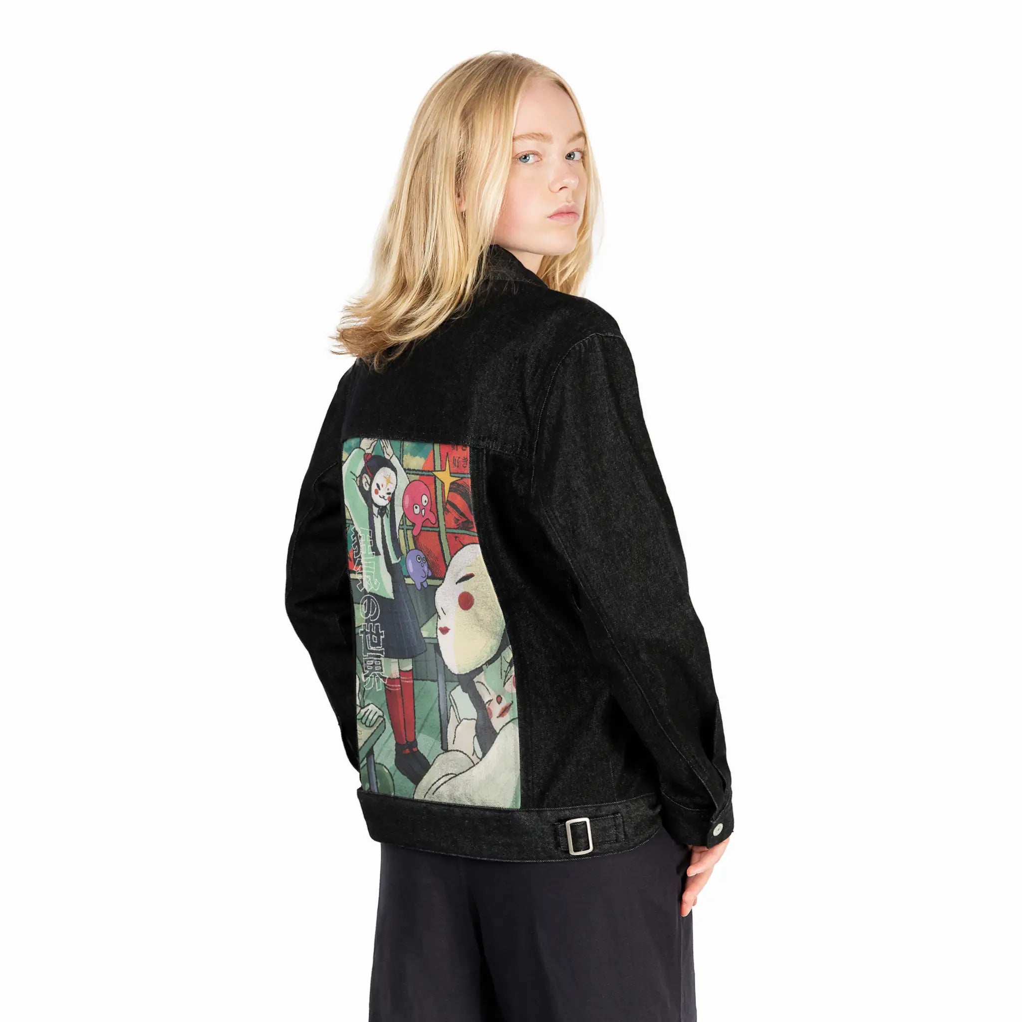 playtime patch on female og denim jacket in raven