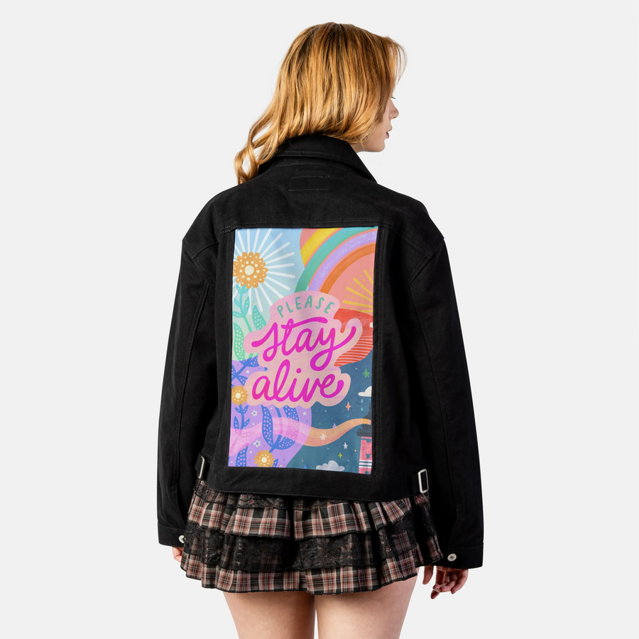pleasestayalive patch on female atelier canvas jacket in nightfall