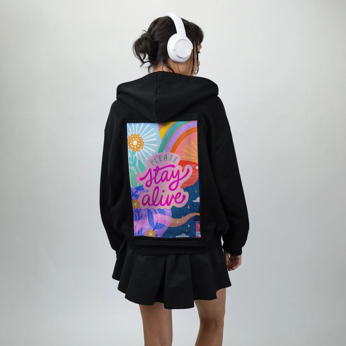 pleasestayalive patch on female essential zip hoodie in after hours