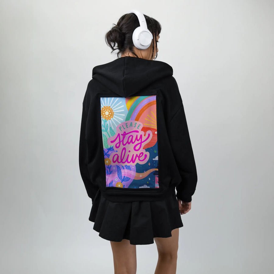 pleasestayalive patch on female essential zip hoodie in after hours