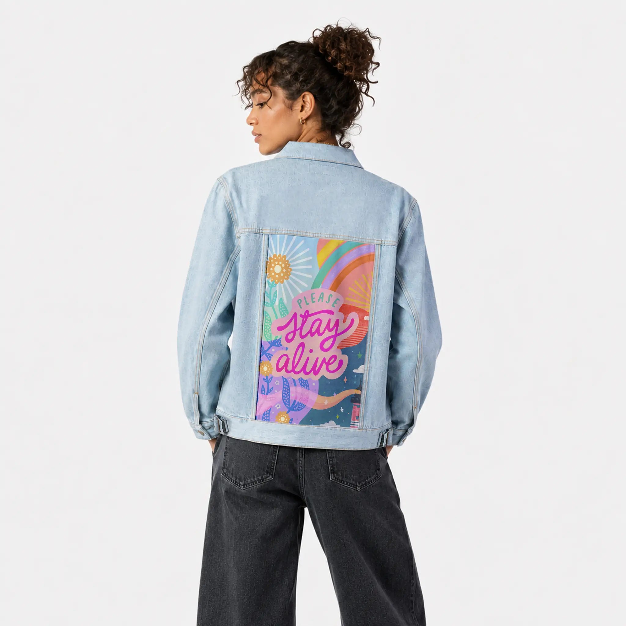 pleasestayalive patch on female og denim jacket in oceanside