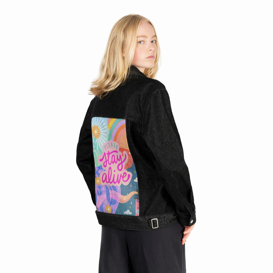 pleasestayalive patch on female og denim jacket in raven