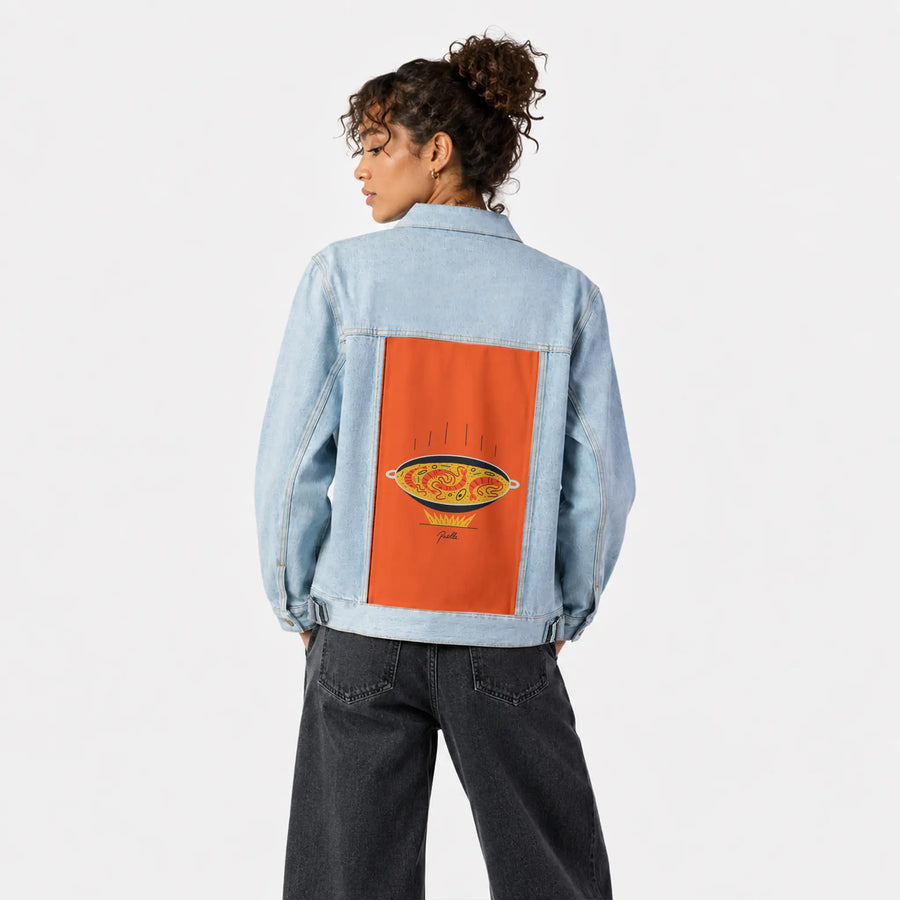 poella patch on female og denim jacket in oceanside